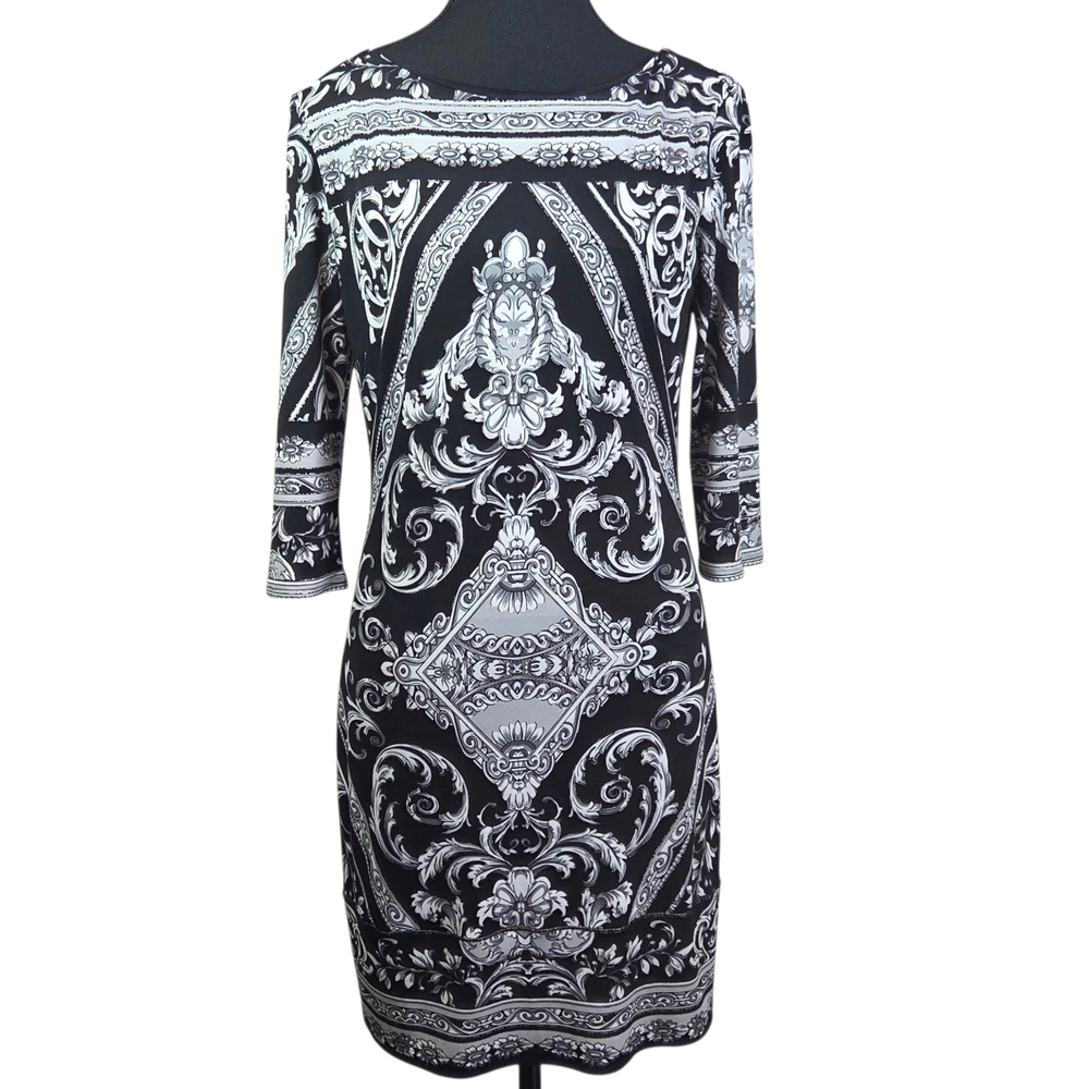 Joseph Ribkoff  Black and White Patterned Dress With Silver 3/4 Sleeve Dress 4